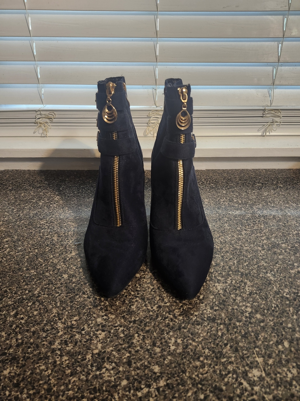 Women's Navy Blue Suede Pointed Toe Ankle Boots with Gold Zip